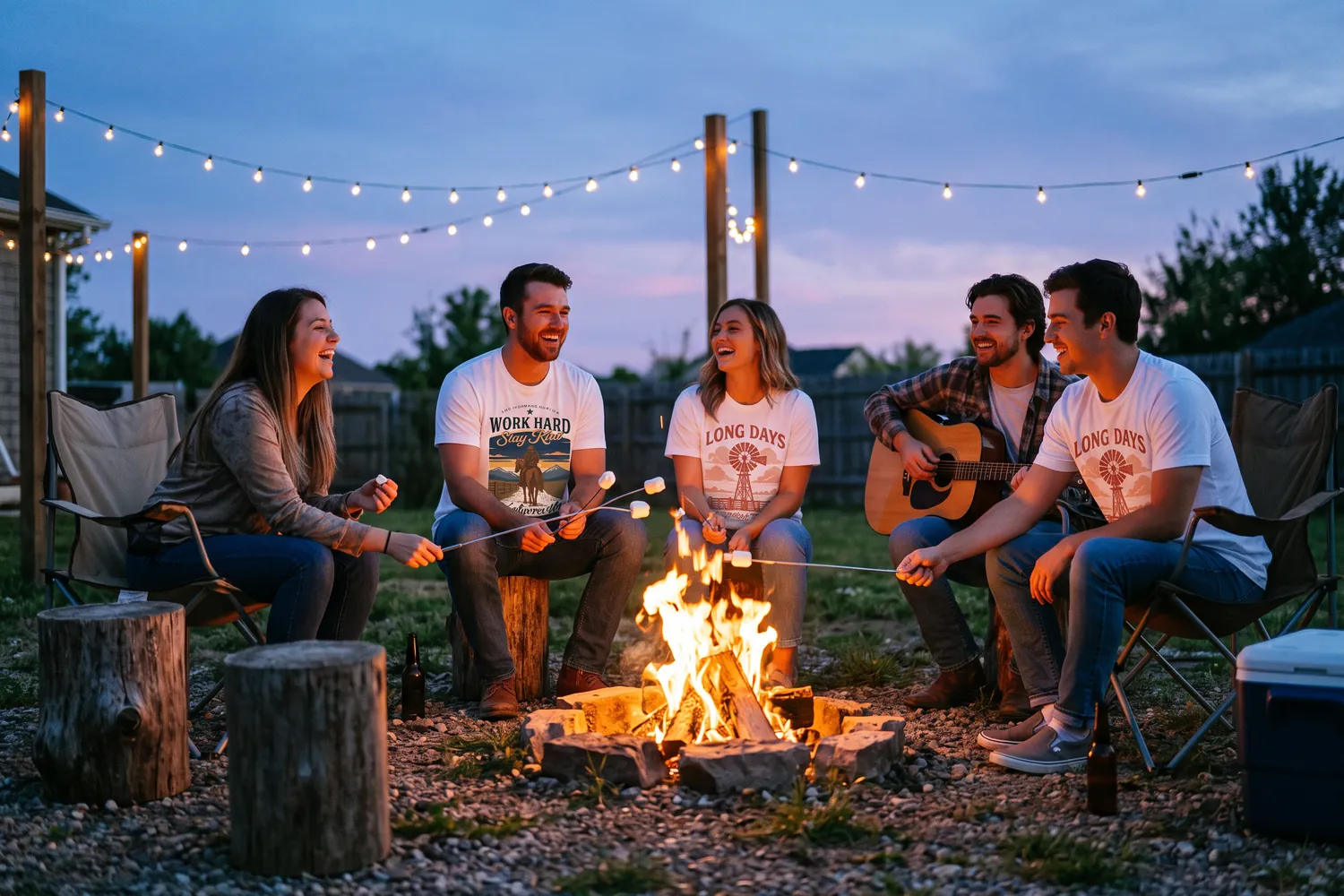 Friends around a backyard campfire under string lights