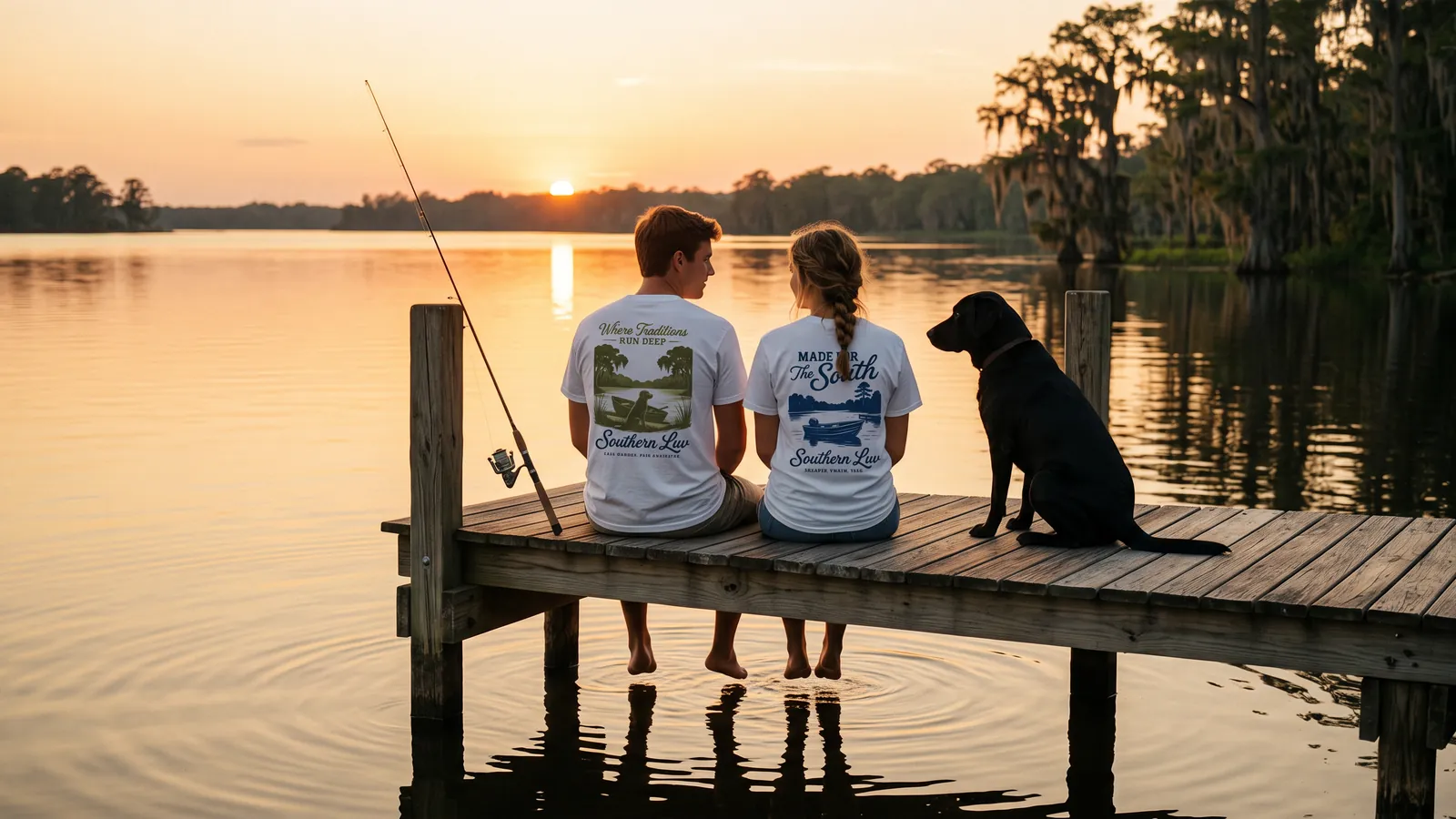 Couple and a black lab on a lake dock at sunset