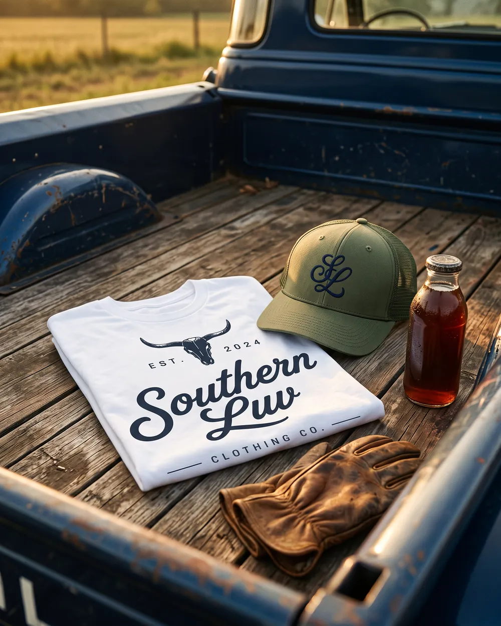 Folded Southern Luv tee and moss green cap on a pickup truck bed
