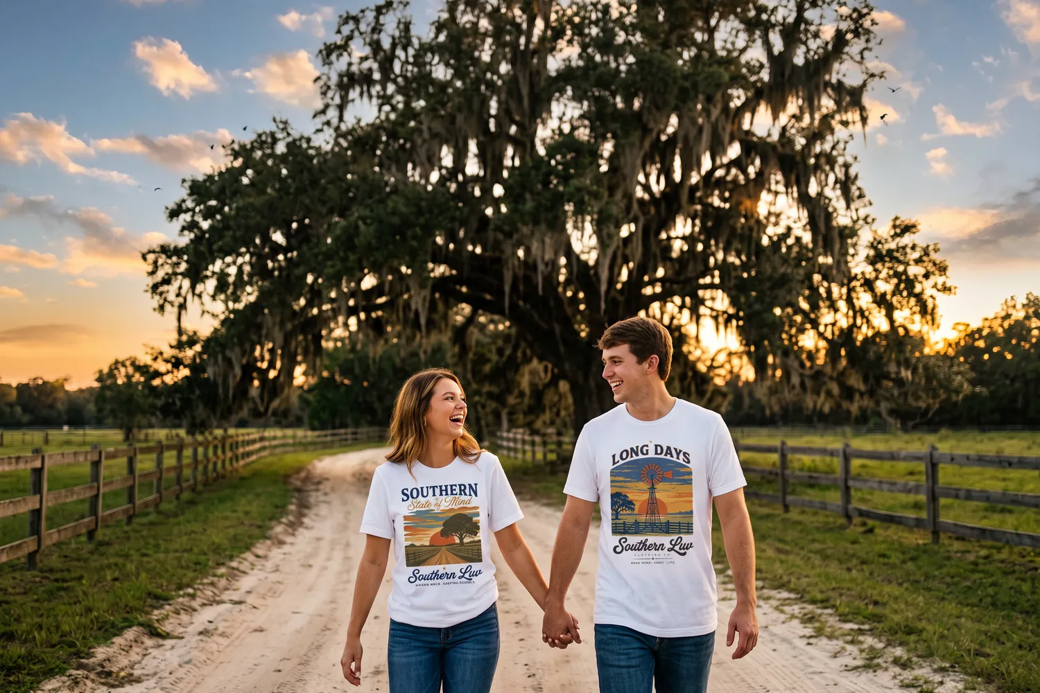 Couple walking a dirt road under a live oak at sunset