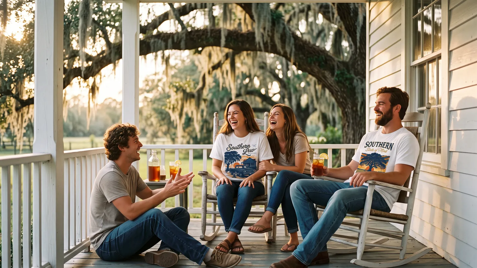 Friends laughing on a farmhouse porch at golden hour in Southern Luv tees