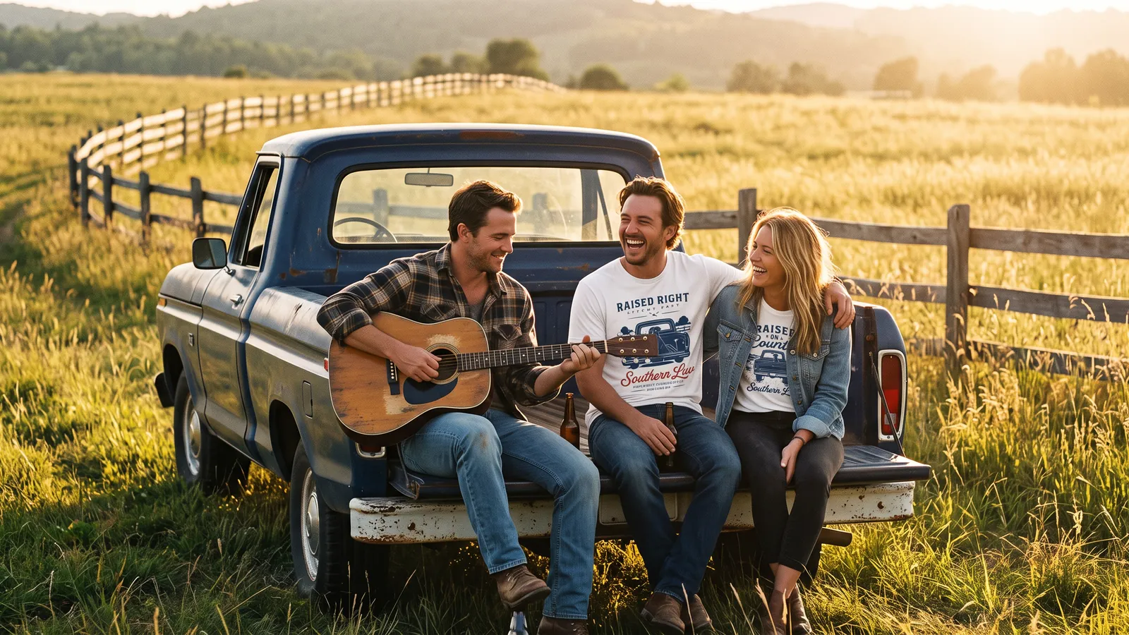 Friends on a pickup tailgate playing guitar at sunset