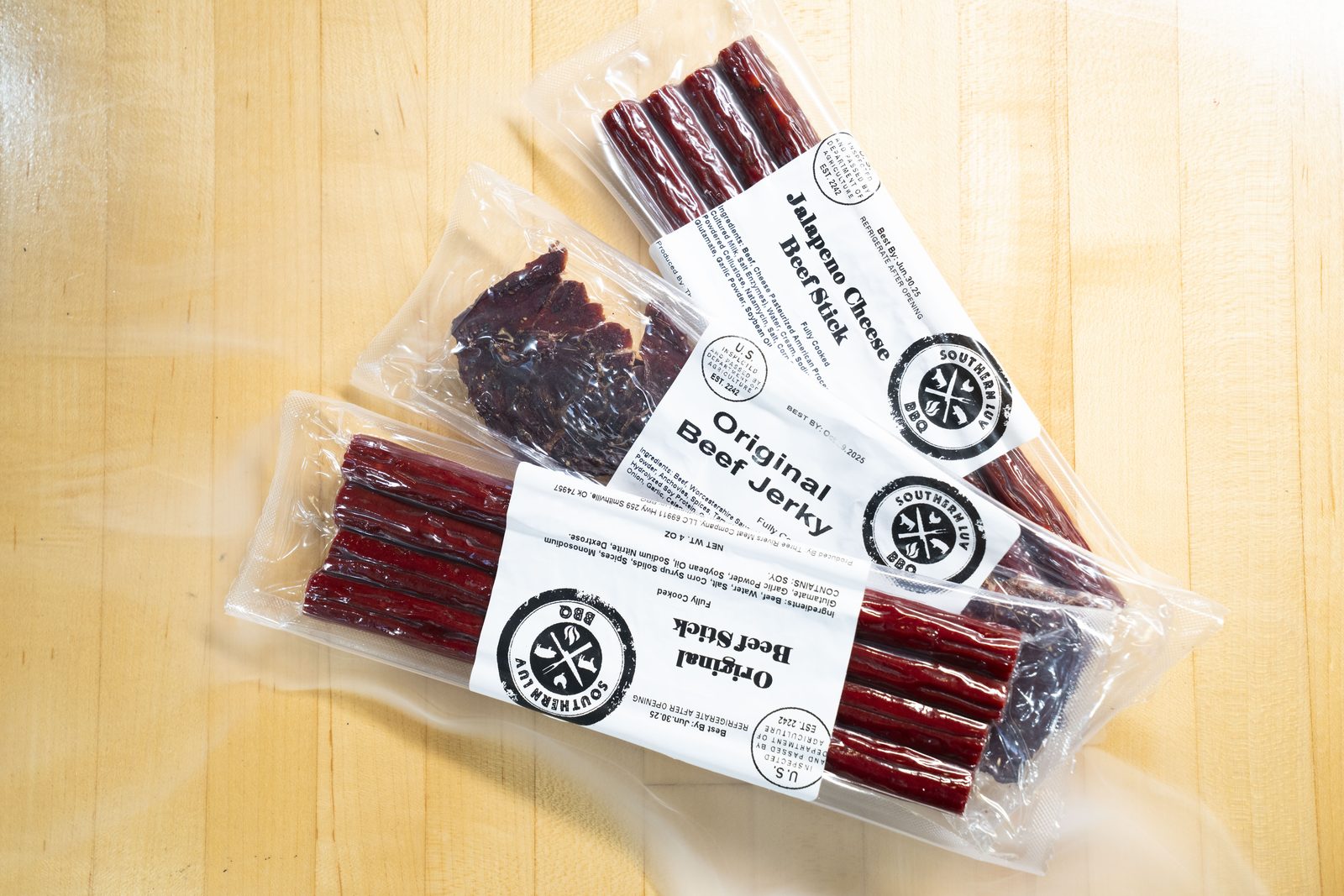 House-made beef jerky packaged at Southern Luv BBQ