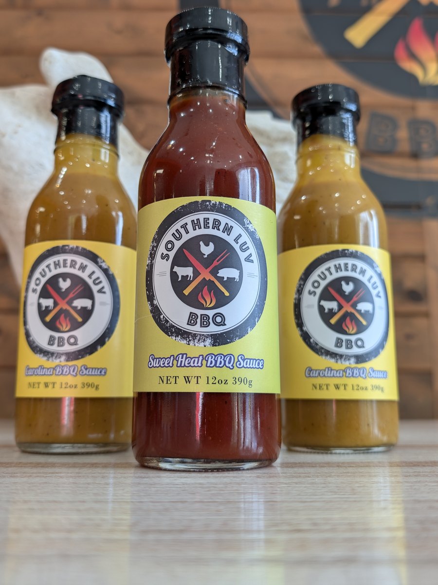 Southern Luv Carolina and Sweet Heat BBQ sauces in 12oz bottles